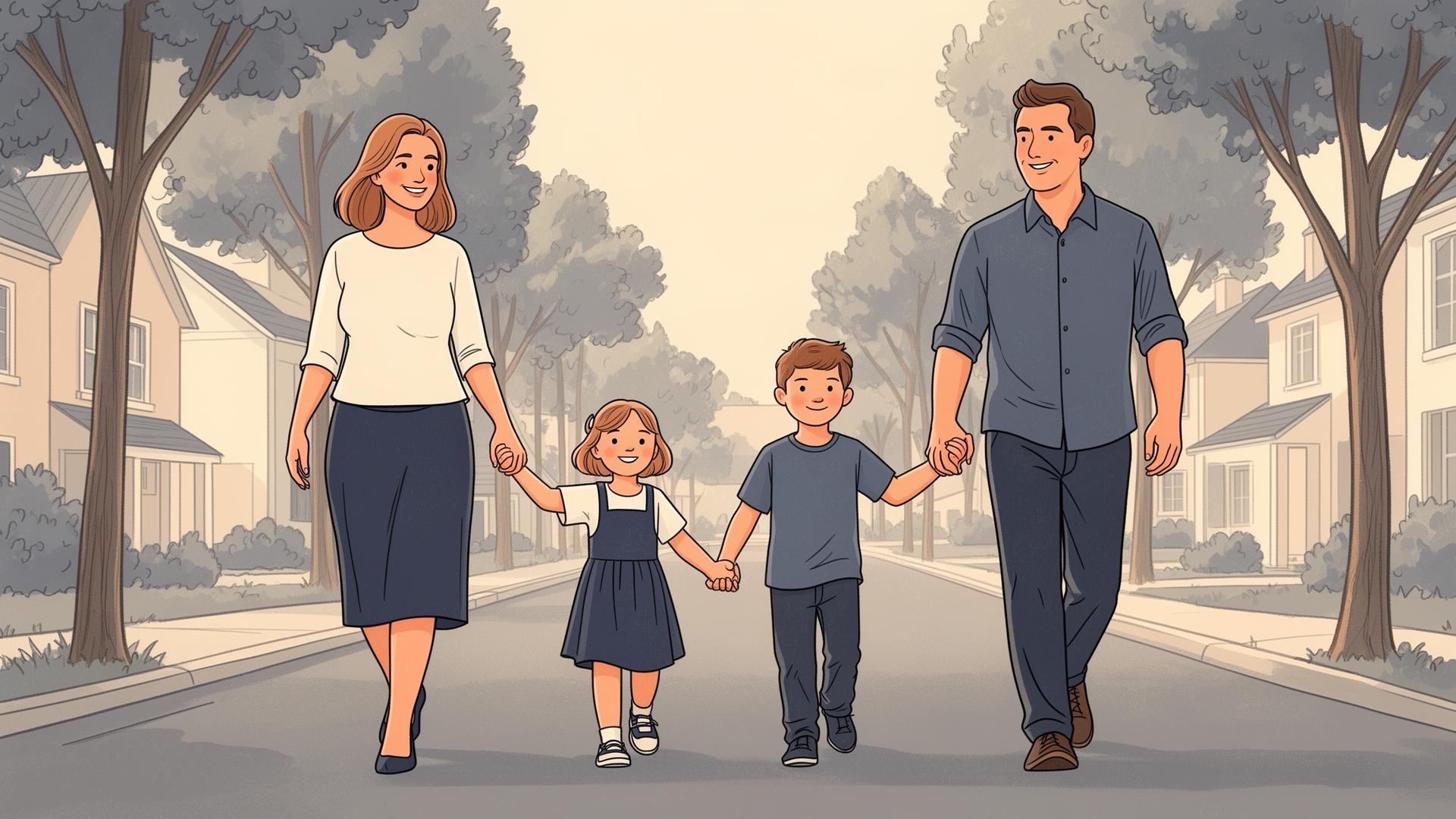 A young family walking together at sunset on a quiet street